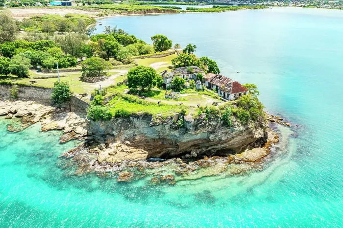 Framed Print : Aerial view of historic Fort James military building by the crystal sea, St. John's, Antigua, Antigua & Barbuda, Caribbean Framed Print : Aerial view of historic Fort James military building by the crystal sea, St. John's, Antigua, Antigua & Barbuda, Caribbean