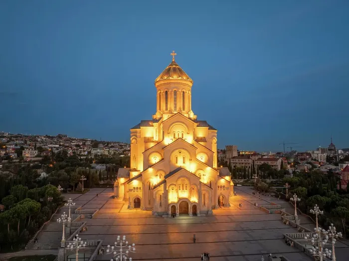 Framed Print : Aerial view, Holy Trinity Cathedral at dusk, Tbilisi, Georgia Framed Print : Aerial view, Holy Trinity Cathedral at dusk, Tbilisi, Georgia