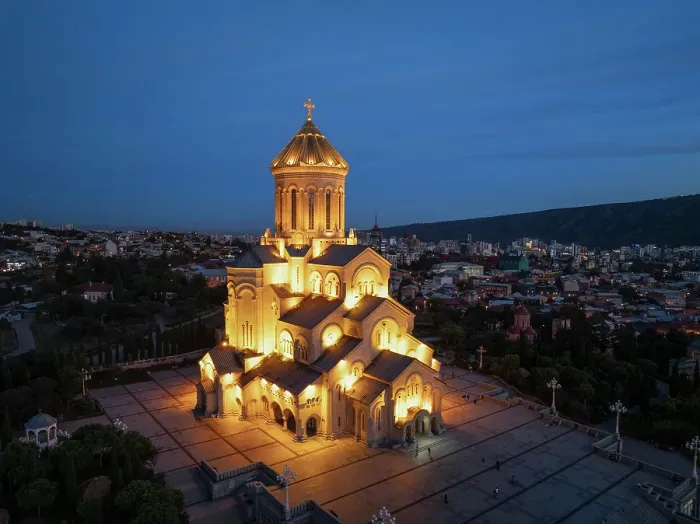 Framed Print : Aerial view, Holy Trinity Cathedral at dusk, Tbilisi, Georgia Framed Print : Aerial view, Holy Trinity Cathedral at dusk, Tbilisi, Georgia
