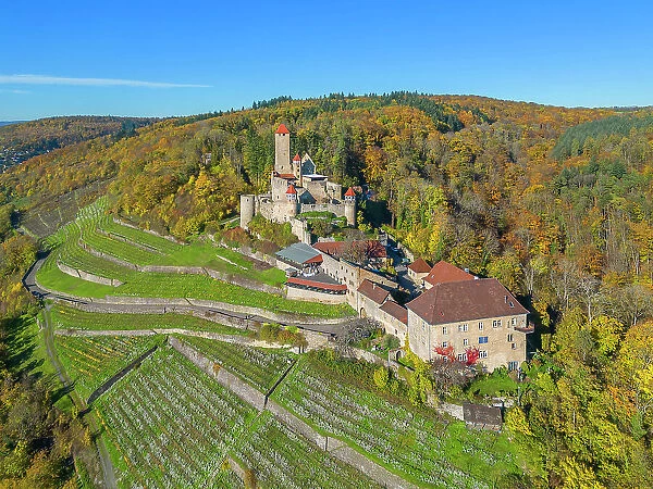 Aerial view at Hornberg castle, Neckarzimmern, Neckar valley, Odenwald, Baden-Wurttemberg, Germany