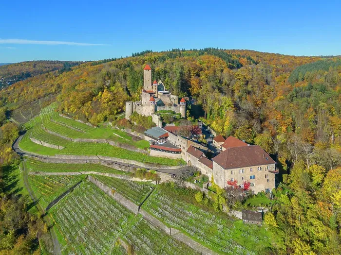 Framed Print : Aerial view at Hornberg castle, Neckarzimmern, Neckar valley, Odenwald, Baden-Wurttemberg, Germany Framed Print : Aerial view at Hornberg castle, Neckarzimmern, Neckar valley, Odenwald, Baden-Wurttemberg, Germany