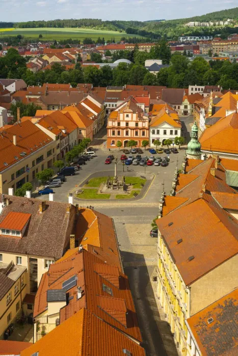 Framed Print : Aerial view of houses around Alsovo namesti, Pisek, South Bohemian Region, Czech Republic