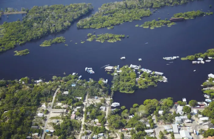 Framed Print : Aerial view of housing along Rio Negro, Manaus, Amazonas, Brazil