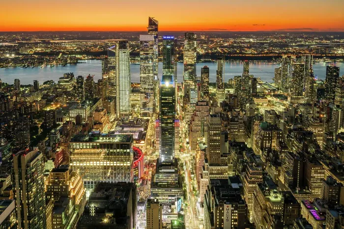 Framed Print : Aerial view of Hudson Yards and Midtown Manhattan skyline at sunset, New York, USA