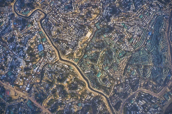 Aerial view of a huge refugee camp with makeshift houses near Myanmar border