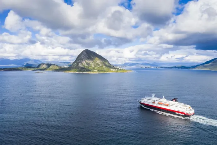 Framed Print : Aerial view of Hurtigruten ship during a daily trip from Alesund to Geirangerfjord Framed Print : Aerial view of Hurtigruten ship during a daily trip from Alesund to Geirangerfjord