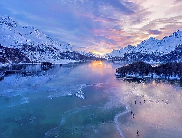 Aerial view of iced lakeof Sils Maria Graubunden, Engadin, Switzerland