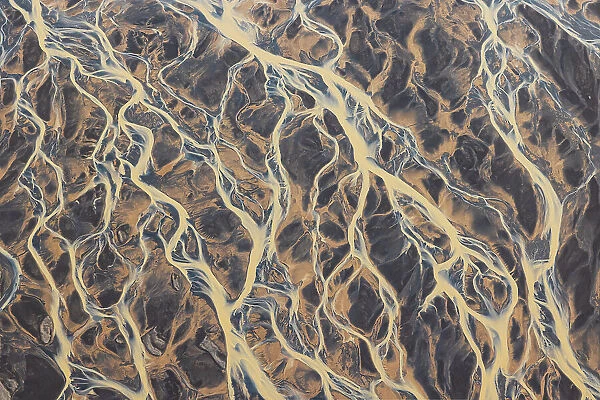 Aerial view of icelandic river during a summer day, Southern Iceland