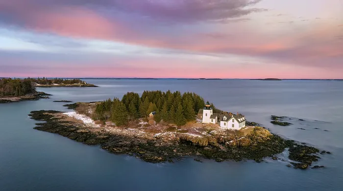 Framed Print : Aerial view of Indian Island at sunset, Rockport, Maine, USA Framed Print : Aerial view of Indian Island at sunset, Rockport, Maine, USA