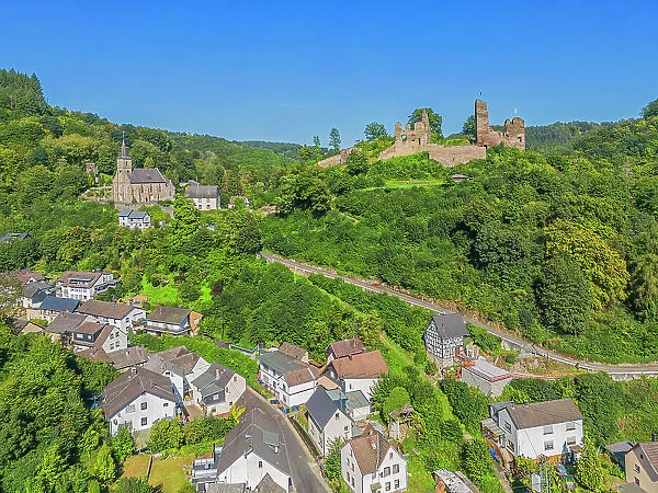 Aerial view at Isenburg castle, Sayn valley, Dierdorf, Kreis Neuwied, Westerwald, Rhineland-Palatinate, Germany