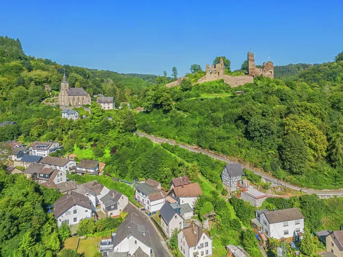 Framed Print : Aerial view at Isenburg castle, Sayn valley, Dierdorf, Kreis Neuwied, Westerwald, Rhineland-Palatinate, Germany Framed Print : Aerial view at Isenburg castle, Sayn valley, Dierdorf, Kreis Neuwied, Westerwald, Rhineland-Palatinate, Germany