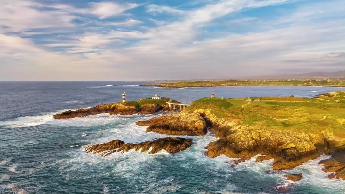 Framed Print : Aerial View over Isla Plancha Lighthouse, Ribadeo, Galicia, Northern Spain
