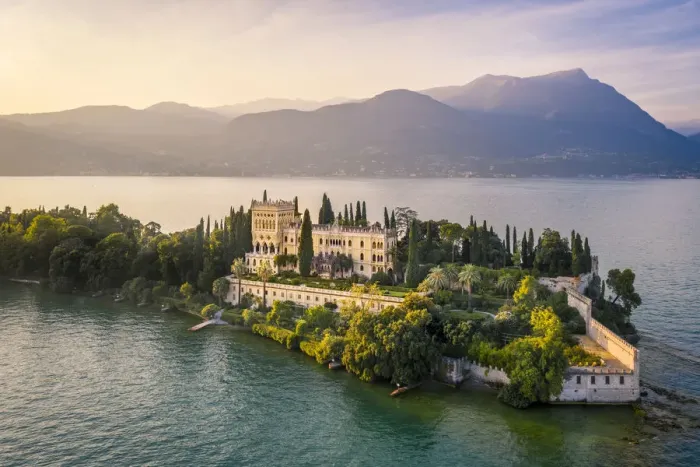 Framed Print : Aerial view of Isola del Garda with Villa Borghese, on the west side of Garda Lake Framed Print : Aerial view of Isola del Garda with Villa Borghese, on the west side of Garda Lake