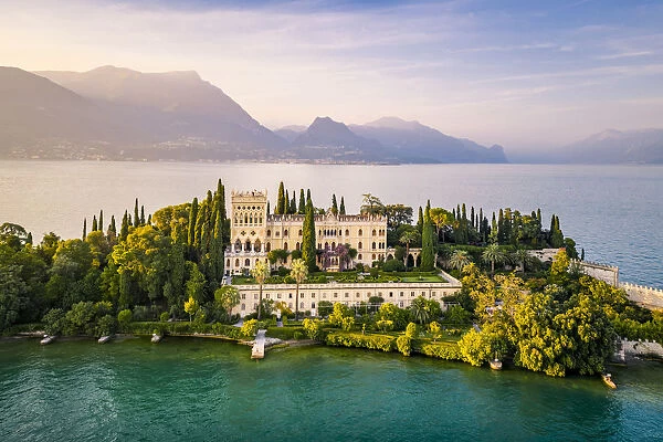 Aerial view of Isola del Garda with Villa Borghese, on the west side of Garda Lake, near Salo town. Garda Lake, Brescia province, Lombardy, Italy