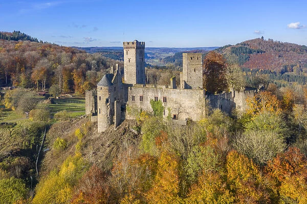 Aerial view on Kasselburg castle, Gerolstein, Eifel, Rhineland-Palatinate, Germany