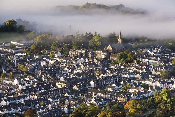 Aerial view of Keswick in the Lake District National Park, Cumbria, England. Autumn