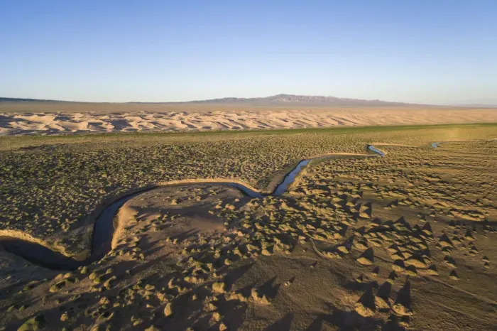 Framed Print : Aerial view of a Khongoriin river and Khongor dunes in Gobi Gurvan Saikhan National Park Framed Print : Aerial view of a Khongoriin river and Khongor dunes in Gobi Gurvan Saikhan National Park