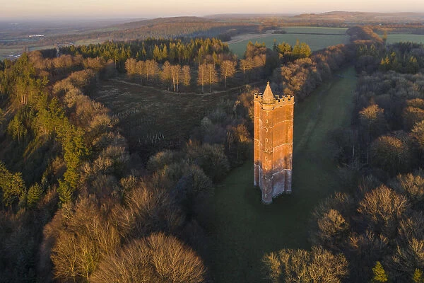 Aerial view of King Alfreds Tower near Stourhead, Somerset, England. Winter (January) 2022