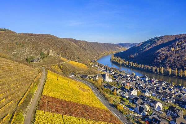 Aerial view at Klotten with castle, Mosel valley, Eifel, Rhineland-Palatinate, Germany