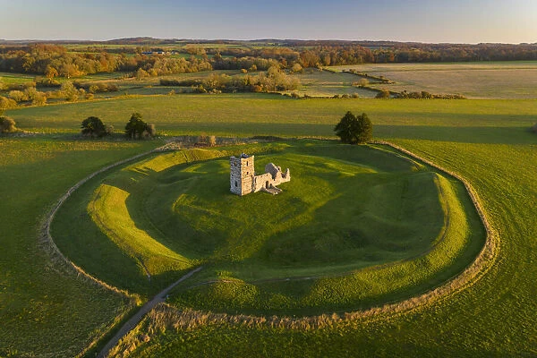 Aerial view of Knowlton Church and neolithic Church Henge, Dorset, England