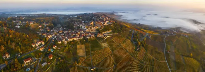 Framed Print : Aerial view of La Morra and vineyards during autumn at sunrise, Cuneo, Langhe e Roero Framed Print : Aerial view of La Morra and vineyards during autumn at sunrise, Cuneo, Langhe e Roero