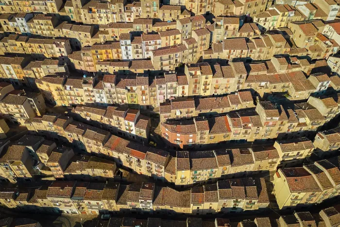 Framed Print : Aerial view of the labyrinthine houses of the old town of Gangi, Palermo district, Sicily, Italy
