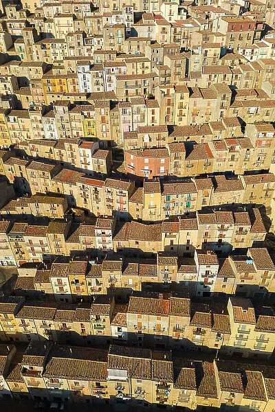 Aerial view of the labyrinthine houses of the old town of Gangi, Palermo district, Sicily, Italy