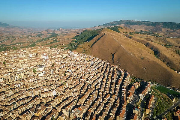 Aerial view of the labyrinthine houses of the old town of Gangi, Palermo district, Sicily, Italy