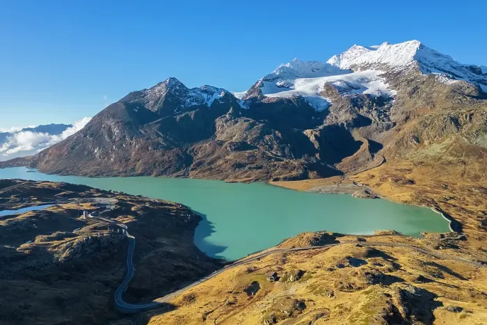 Framed Print : Aerial view of the Lago Bianco, Lagh da la Cruseta and mountains at Bernina pass at sunrise in autumn. Graubunden, Engadin, Switzerland