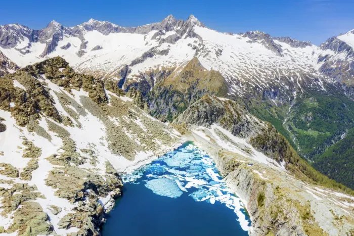 Framed Print : Aerial view of Lago Pirola in summer thaw. Chiareggio, Valmalenco, Valtellina Framed Print : Aerial view of Lago Pirola in summer thaw. Chiareggio, Valmalenco, Valtellina
