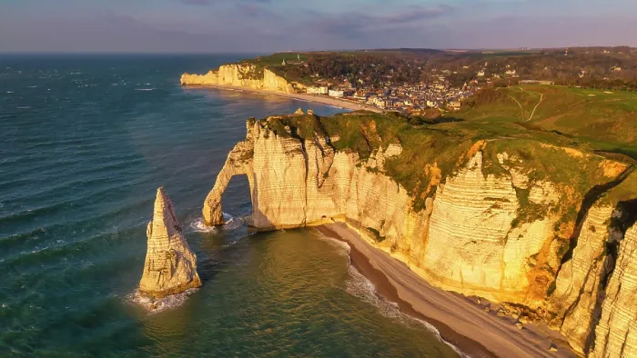 Framed Print : Aerial View of L'Aiguille (The Needle) and Porte d'Aval Arch, Etretat, Normandy, France Framed Print : Aerial View of L'Aiguille (The Needle) and Porte d'Aval Arch, Etretat, Normandy, France