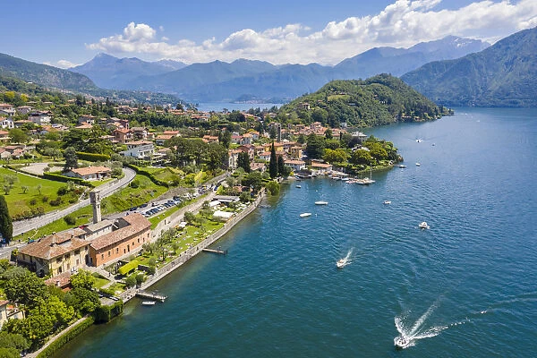 Aerial view of lake Como and the town of Ossuccio. Tremezzina, Como Lake, Lombardy, Italy