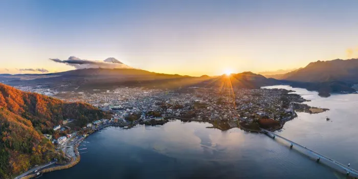 Framed Print : Aerial view of lake Kawaguchi and Mt Fuji at sunset, Yamanashi Prefecture, Japan