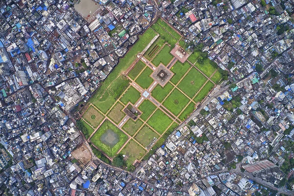 Aerial view of Lalbagh fort, a famous and touristic landmark with Lalbagh islamic mosque