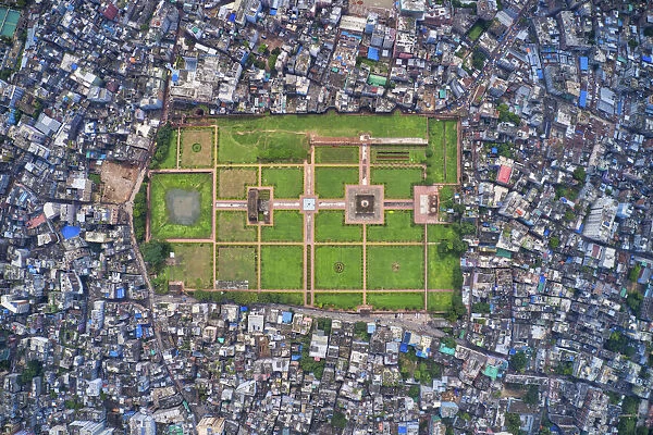 Aerial view of Lalbagh fort, a famous and touristic landmark with Lalbagh islamic mosque