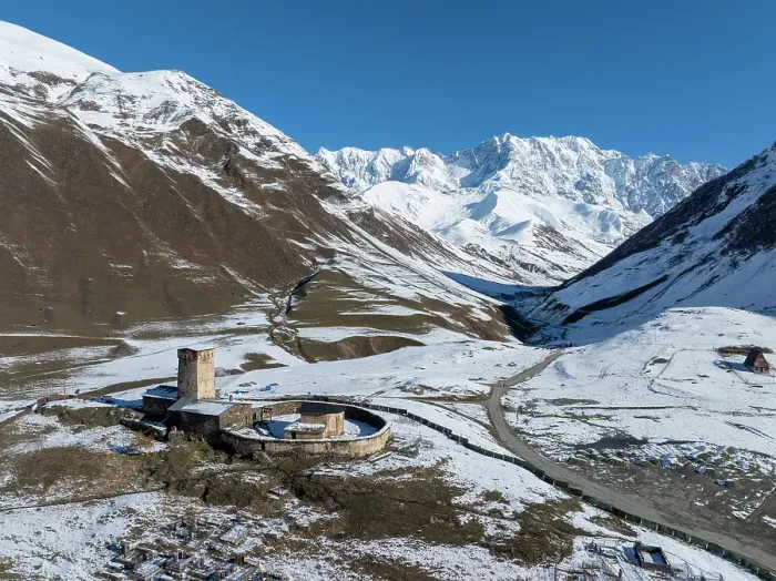 Framed Print : Aerial view of Lamaria church & monastery, , Ushguli, Upper Svaneti (Zemo Svaneti), Georgia Framed Print : Aerial view of Lamaria church & monastery, , Ushguli, Upper Svaneti (Zemo Svaneti), Georgia