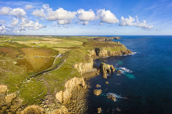 Aerial view of Lands End coastline, Penwith peninsula