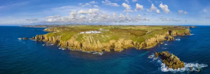 Framed Print : Aerial view of Lands End, Penwith peninsula, most westerly point of the English Framed Print : Aerial view of Lands End, Penwith peninsula, most westerly point of the English