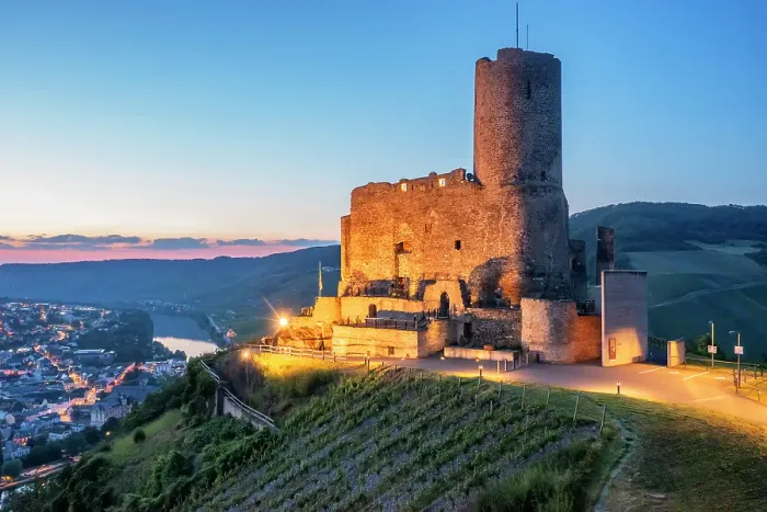 Framed Print : Aerial view at the Landshut castle at dusk, Bernkastel-Kues, Mosel valley, Rhineland-Palatinate, Germany Framed Print : Aerial view at the Landshut castle at dusk, Bernkastel-Kues, Mosel valley, Rhineland-Palatinate, Germany