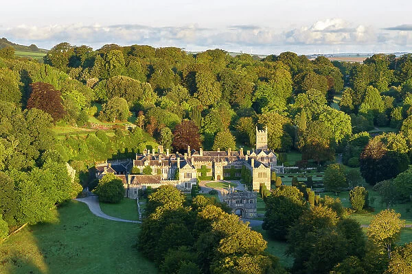 Aerial view of Lanhydrock House near Bodmin in Cornwall, England. Summer (August) 2023