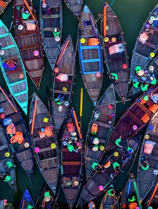 Framed Print : Aerial view of lantern boats on the Hoai River at dusk, Hoi An, Central Vietnam, Asia