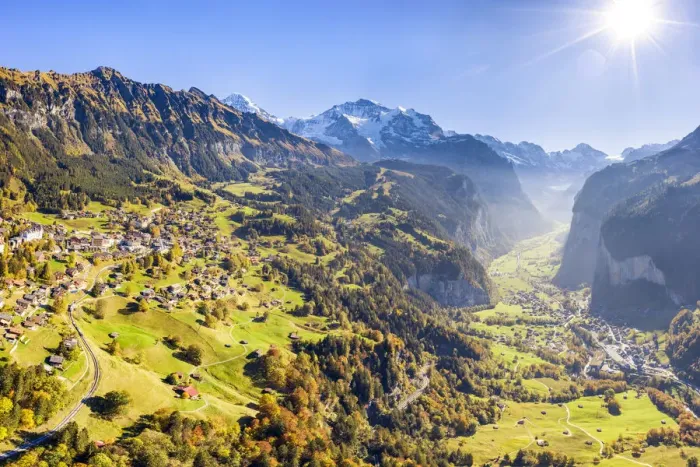 Framed Print : Aerial view of Lauterbrunnen valley. Wengen, Canton of Bern, Switzerland, Europe Framed Print : Aerial view of Lauterbrunnen valley. Wengen, Canton of Bern, Switzerland, Europe