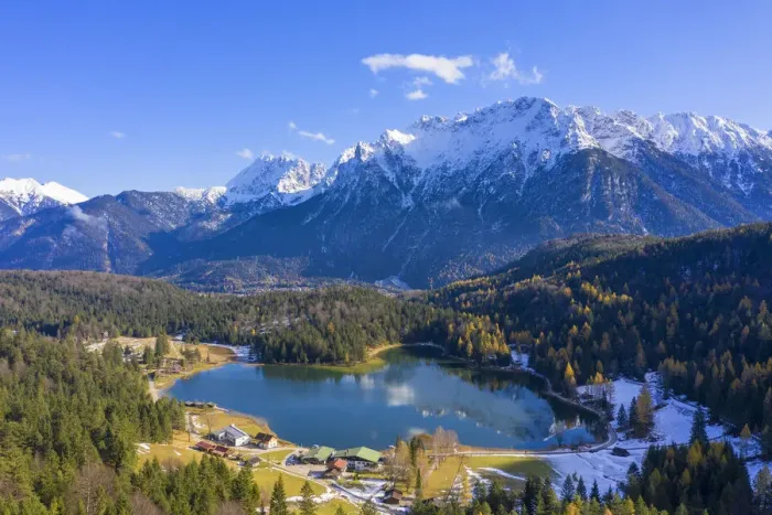 Framed Print : Aerial view on Lautersee and Karwendel, Mittenwald, Bavaria, Germany Framed Print : Aerial view on Lautersee and Karwendel, Mittenwald, Bavaria, Germany