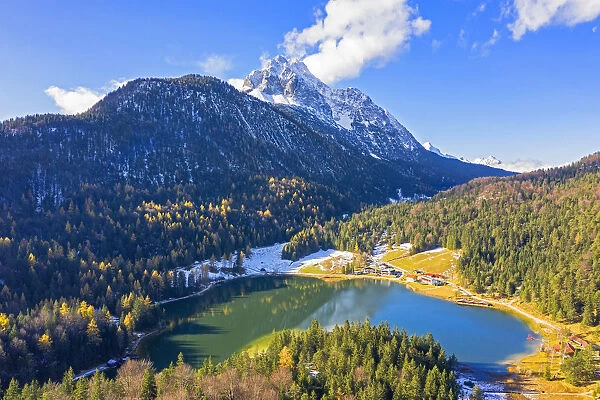 Aerial view on Lautersee and Wettersteinspitze, Mittenwald, Bavaria, Germany