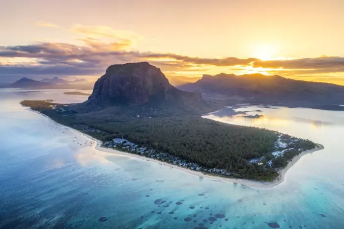 Framed Print : Aerial view of Le Morne Brabant peninsula during the sunrise. Le Morne, Black River