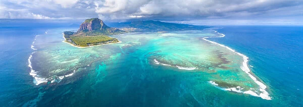 Aerial view of Le Morne Brabant peninsula and the Underwater Waterfall. Le Morne