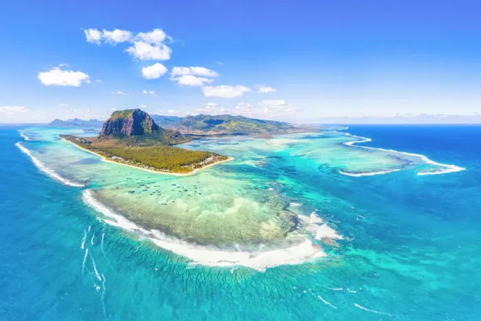 Framed Print : Aerial view of Le Morne Brabant Peninsula and the Underwater waterfall. Le Morne Framed Print : Aerial view of Le Morne Brabant Peninsula and the Underwater waterfall. Le Morne