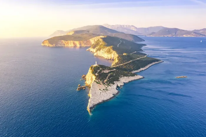 Framed Print : Aerial view of the lighthouse of Cape Lefkatas, Lefkada, Ionian Islands region, Greece
