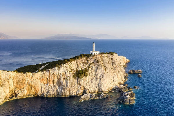 Aerial view of the lighthouse of Cape Lefkatas, Lefkada, Ionian Islands region, Greece
