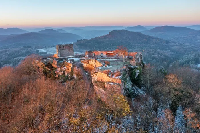Framed Print : Aerial view at Lindelbrunn castle in early morning light, Vorderweidenthal, Wasgau, Dahner Felsenland, Palatinate Forest, Rhineland-Palatinate, Germany